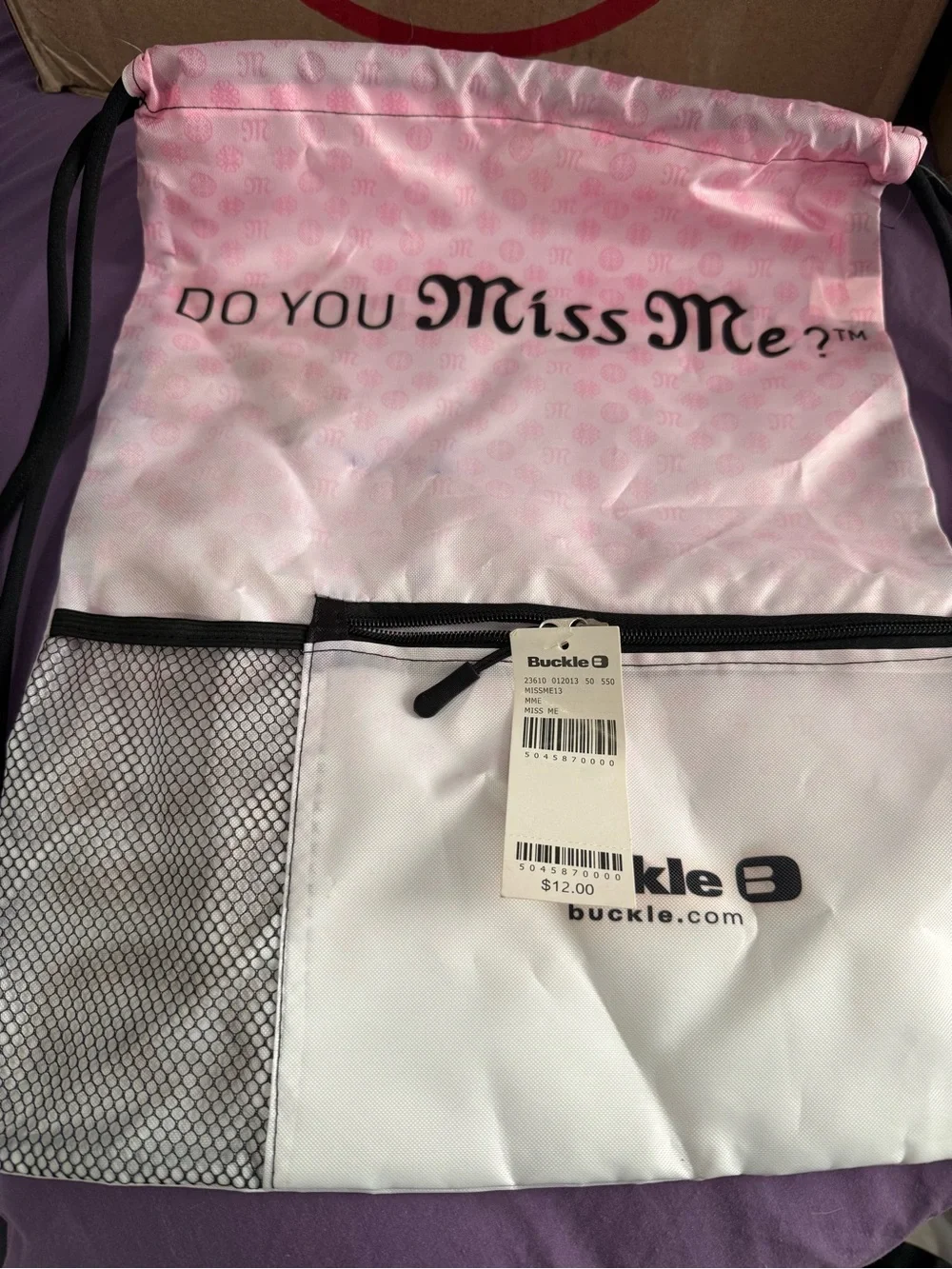Miss Me Pink and White Drawstring Backpack with Bold Logo